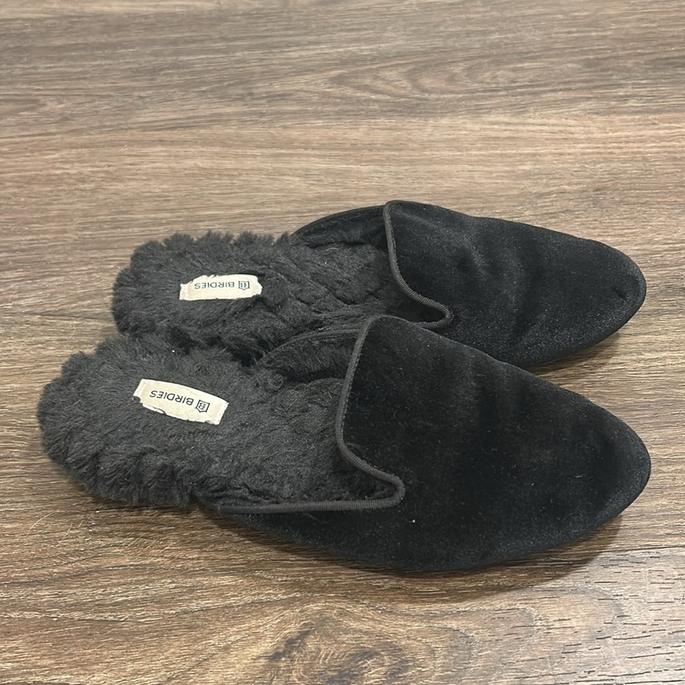 Birdies Phoebe Black Velvet Faux Fur Sherpa Lined Slip-On Slides Mules Flats